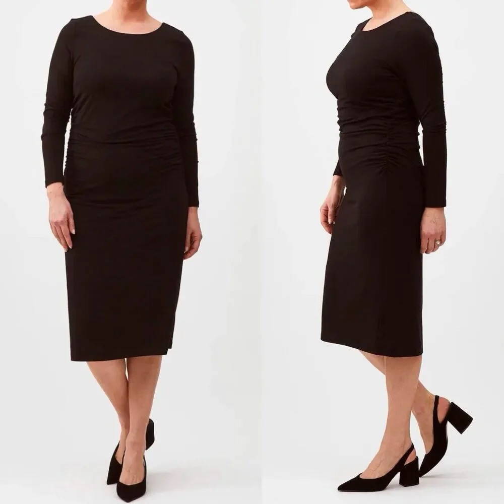 J Peterman Secret Keeper Midi Dress Blue Floral Ruched Sides Long Slv Midi Sz 8 - Picture 3 of 5